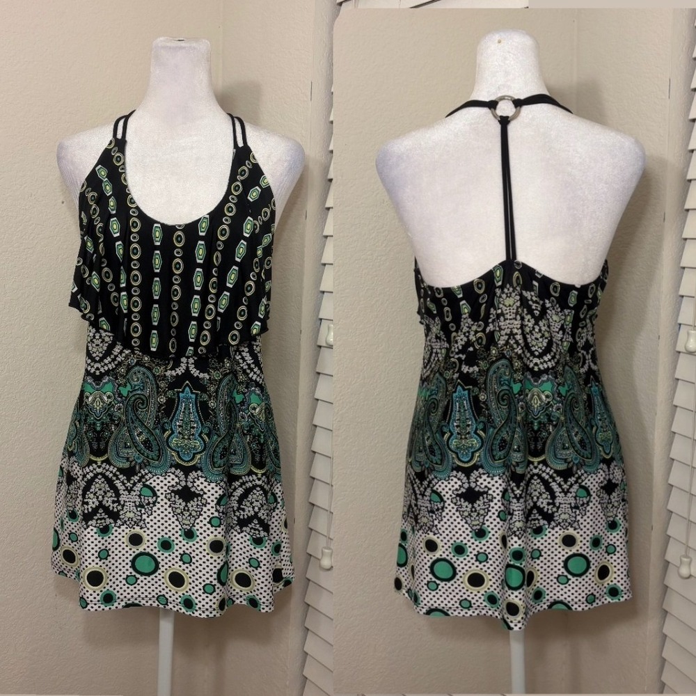 Black and teal green retro flowy halter top funky y2k girlhoodcore top
